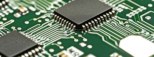 Close-up view of modern circuit board highlighting intricate circuitry and microchips used in electronic devices