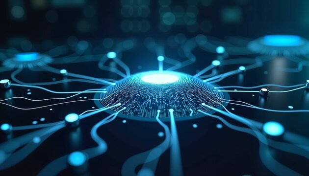 Floating 3D data nodes in dark lab, futuristic technology