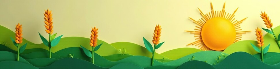 Fototapeta premium Paper sun with growing wheat sprouts amidst greenery, wheat, paper craft