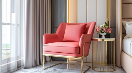 Contemporary Bedroom Decor with Coral Accent Chair and Gold Side Table, Modern Interior Design Concept.