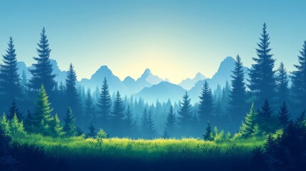 Fototapeta premium Serene Mountain Landscape With Lush Green Meadow And Towering Pine Trees.