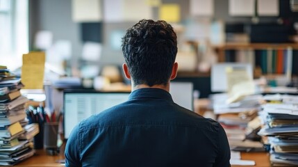 Back view of an office worker looking at a pile of work on his desk.