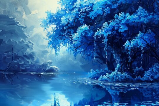 Fantasy landscape with blue tree reflecting in the calm water of a lake