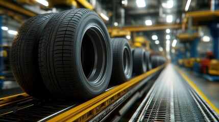 Fototapeta premium Industrial Tire Production Process on a Conveyor Belt in a Modern Factory Environment
