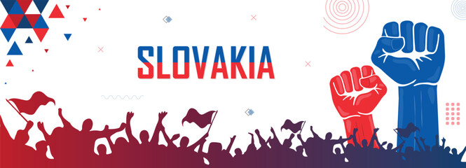 People cheer for Slovakia, national flag color combination patriot banner, geometric abstract background for national celebration, raised fist, human hand, strike, parade, riot, protest or rally