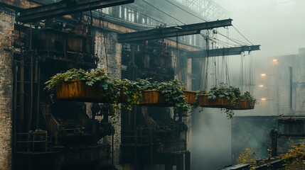 Foggy industrial plant, planters on cranes, urban regeneration