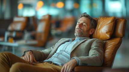 Man Sleeping Brown Leather Chair, Peaceful Rest, Airport Lounge Photography.