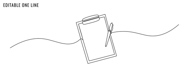 One continuous line drawing of clipboard with pen. Text, report, exam, to do list concept. Editable stroke, vector illustration