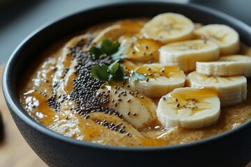Creamy pumpkin oat bowl, banana, honey, kitchen
