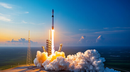 Rocket launches into the sky at a space center during sunset, illuminating the clouds and surrounding landscape with flames and smoke