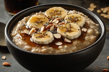 Oatmeal breakfast bowl, banana, almonds, dark background