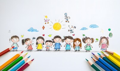 Fototapeta premium Group of cute little prescool kids drawing, generation AI 