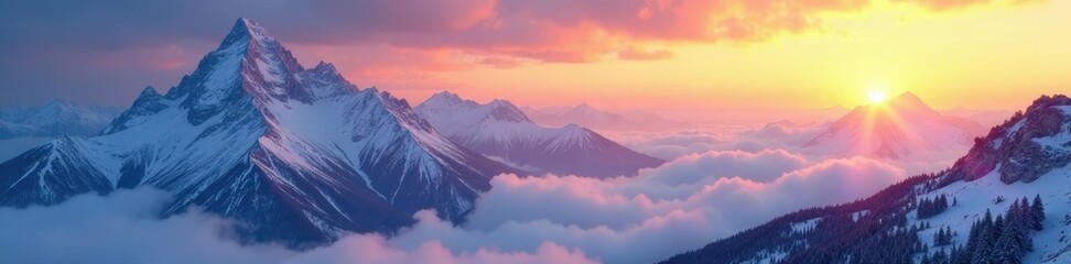 Obraz premium Snowy mountain peaks with misty sunrise and dawn light, sunrise, dawn, peak