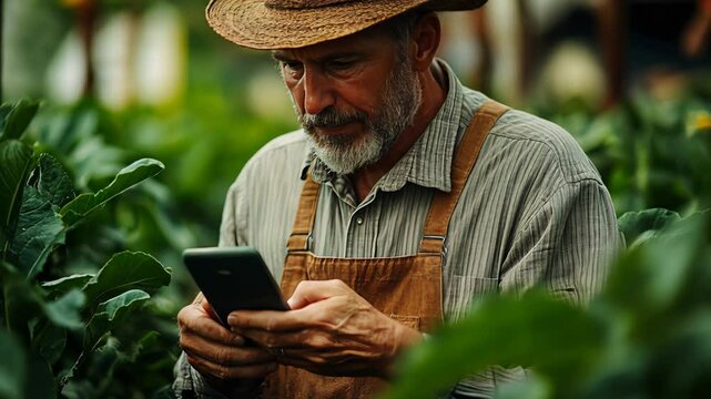 Farmer analyzing crop data on smartphone amidst lush vegetable garden