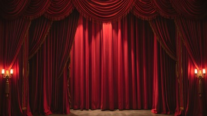 Fototapeta premium A luxurious red velvet curtain with golden tassels, slightly open, revealing a grand theater stage with warm spotlights.
