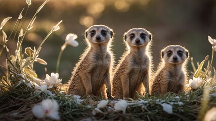 Fototapeta premium Three meerkats standing amidst blooming flowers in a serene garden at sunset