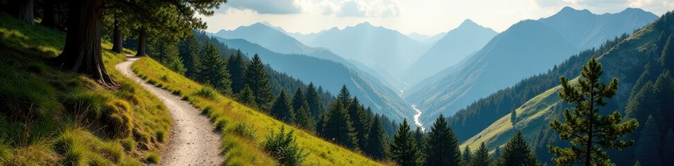 Obraz premium Curving track amidst towering trees and distant peaks , landscape, track