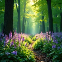 Purple flowers and foliage in a serene forest glade with dappled sunlight, landscape, greenery