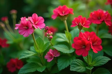 Pink-red geranium blooms on a bed of lush green leaves, foliage, red, flowers