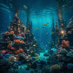 A surreal underwater city with glowing buildings and sea creatures.