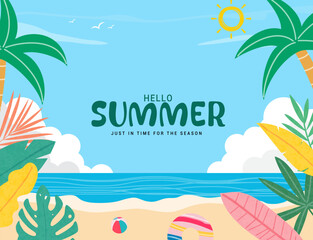 Hello Summer background with bright abstract tropical plants. Vector banner with monstera leaves, palm trees, tropical flowers. Template for for sale, horizontal poster, cover, social media post