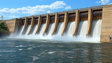 Concrete Dam With Water Flowing Over Spillways