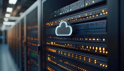 Immersive Visualization Futuristic Server Room with Data Streaming Between Cloud Systems, Enhanced by a Glowing Security Network, Showcasing Advanced Data Center Technology, High-Performance