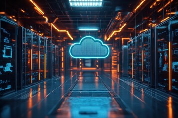 Immersive Holographic Network Cloud System Visualizing Digital Data Flowing in a Futuristic Cyber Environment High-Resolution 3D Render of a Secure Data Center with a Holographic Cloud Icon