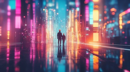 Future city workers stroll, neon lights, urban landscape, progress