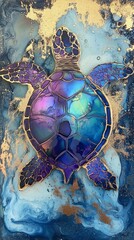 Iridescent Sea Turtle Swimming in Golden Accented Water Colorful Ocean Creature Art Display