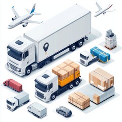Logistics and Transportation Concept Illustrating Various Vehicles, Goods, and Air Traffic in a Modern Supply Chain System