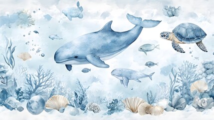 Watercolor Whales Sea Turtles And Coral Reef Scene