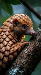 Fototapeta premium HD Phone Wallpaper Adorable Pangolin Baby Clinging to Tree Trunk in Lush Rainforest Habitat