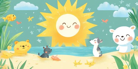 Naklejka premium Happy Animals Enjoying a Sunny Beach Day
