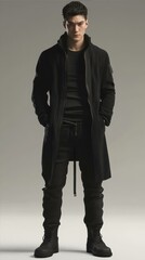 Man Standing in Black Overcoat with Dark Outfit on Neutral Background Fashion Portrait