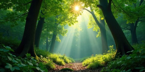 Dense forest canopy with sunlight filtering through, branches, leaves