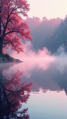 Obraz premium Delicate pink mist disperses slowly in still lake water with reflection, peaceful, ink