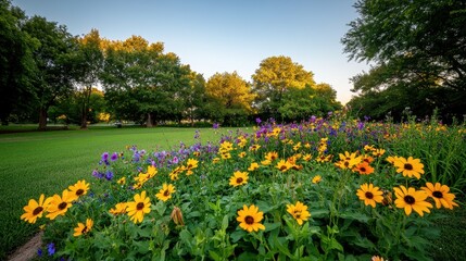 Vibrant Flower Bed in Sunny Park with Lush Green Grass and Trees