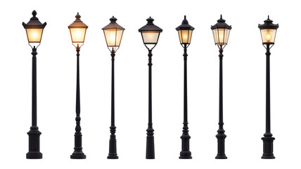 Collection of  vintage street lamps on transparent background