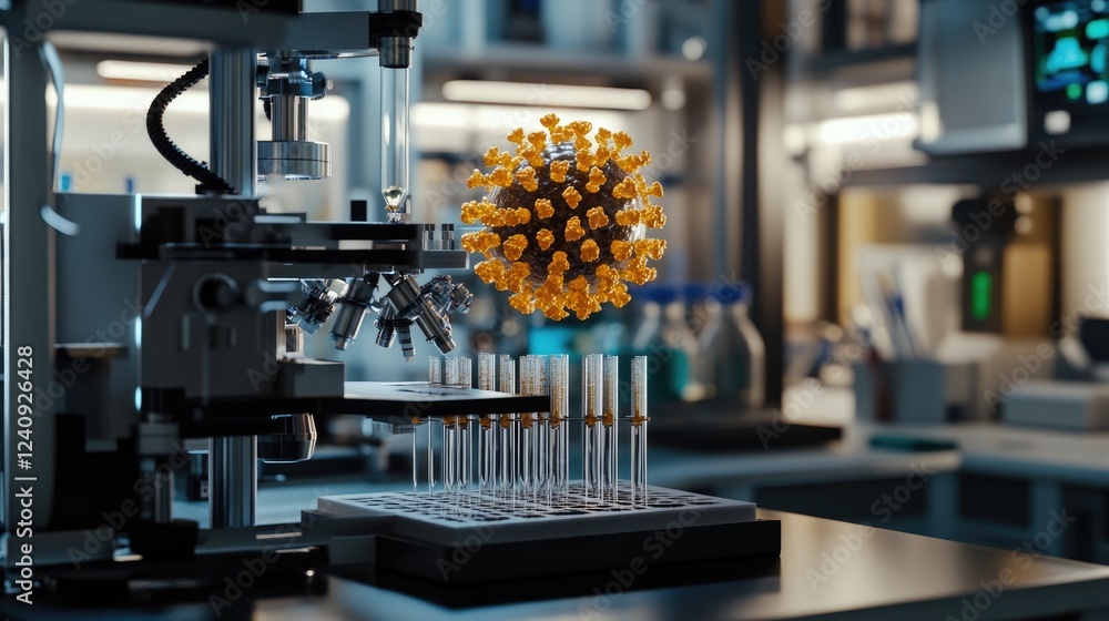 Poster d-rendered model of an artificially engineered virus being studied in a high-tech synthetic biology 
