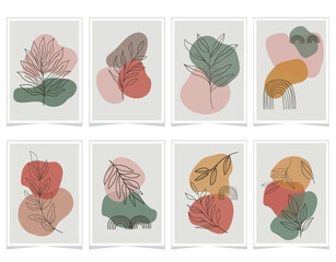 Set of 8 abstract botanical posters with minimalist line art leaves and organic shapes in earthy tones