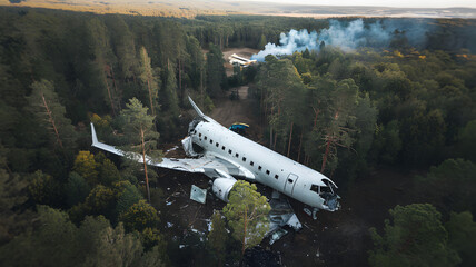 Fototapeta premium Aerial view of a crashed airplane in a dense forest surrounded by smoke and debris, with a small clearing visible in the distance. Scene of disaster, survival, and exploration in a