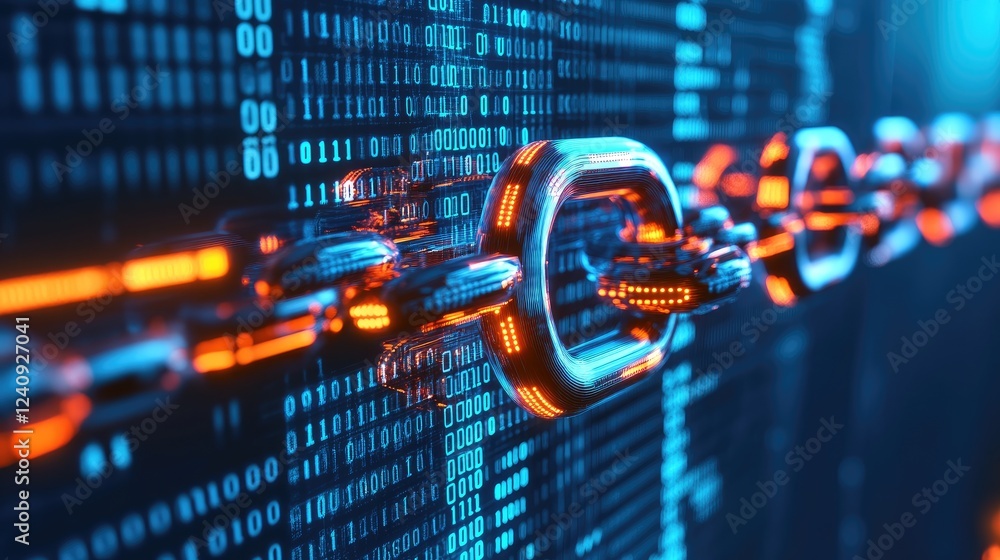Poster abstract d visualization of a blockchain ledger with encrypted data blocks and cyber security icons.