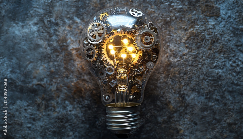 Poster hightech light bulb with gears and circuits, representing the fusion of creative thinking and busine