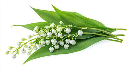 Obraz premium Delicate white lily of the valley blooms with lush green leaves arranged beautifully on a clean background