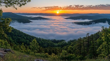 Sunrise over misty mountain valley, scenic view, nature photography, travel