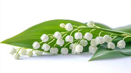 Delicate white lily of the valley blooms with lush green leaves arranged beautifully on a clean background