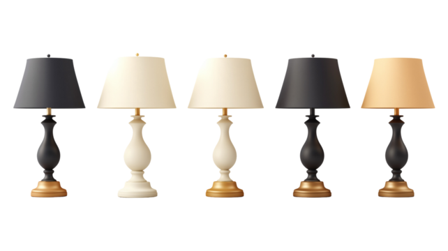 Collection of five table lamps with varied shades on transparent background