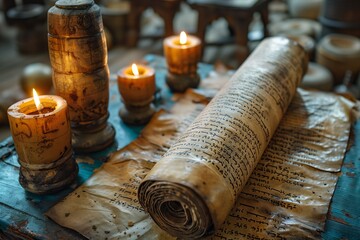 Ancient scroll with handwritten script, illuminated by warm candlelight on a rustic wooden table, creating a historical and mystical ambiance