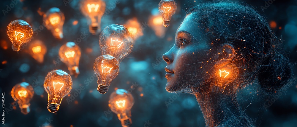 Poster a futuristic, abstract depiction of a female figure with glowing light bulbs and floating question m